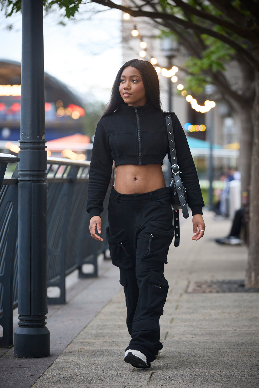 Black crop jacket & Cargo Pants Set- Adjustable waist streetwear