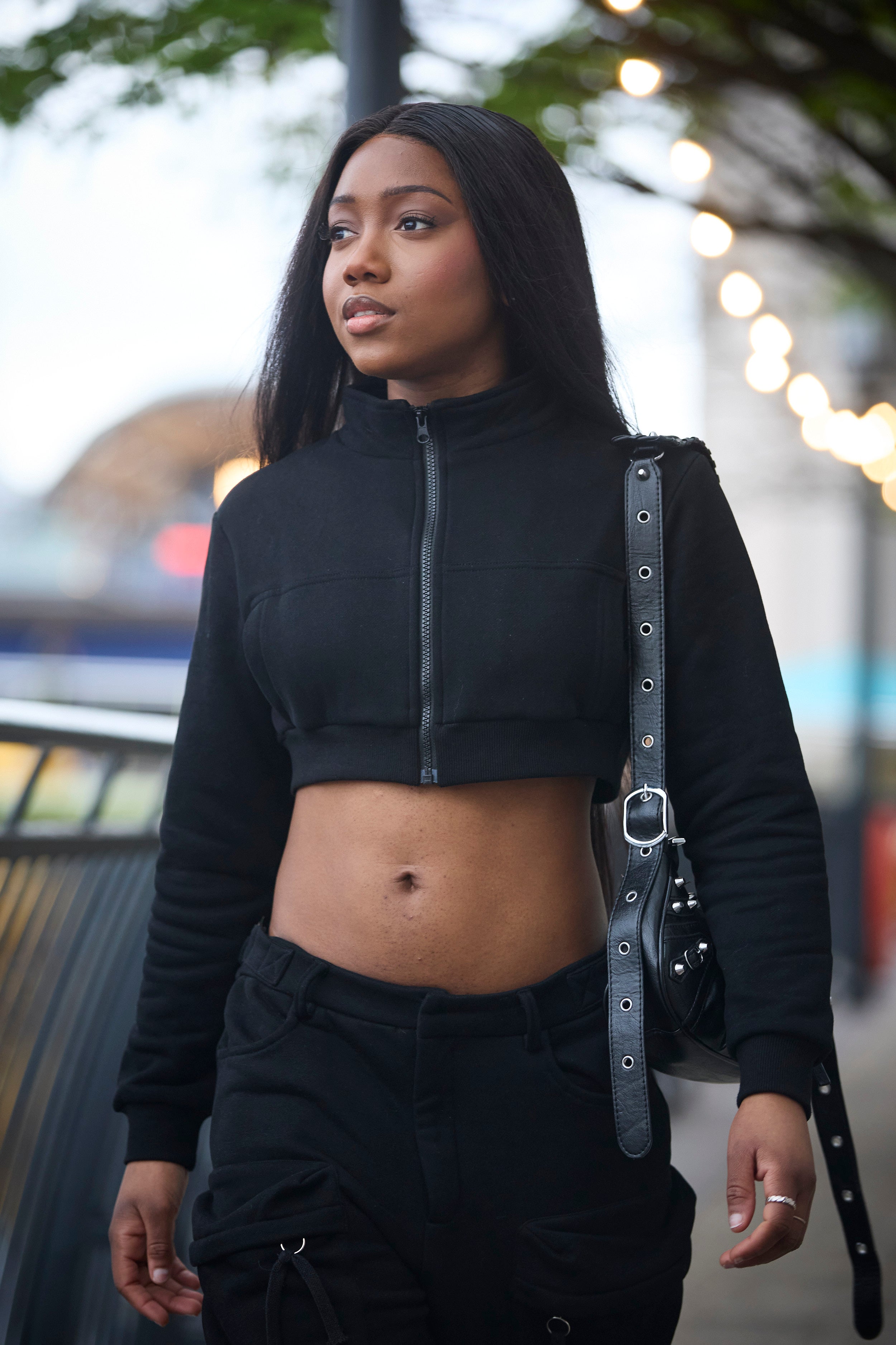 Black crop jacket & Cargo Pants Set- Adjustable waist streetwear